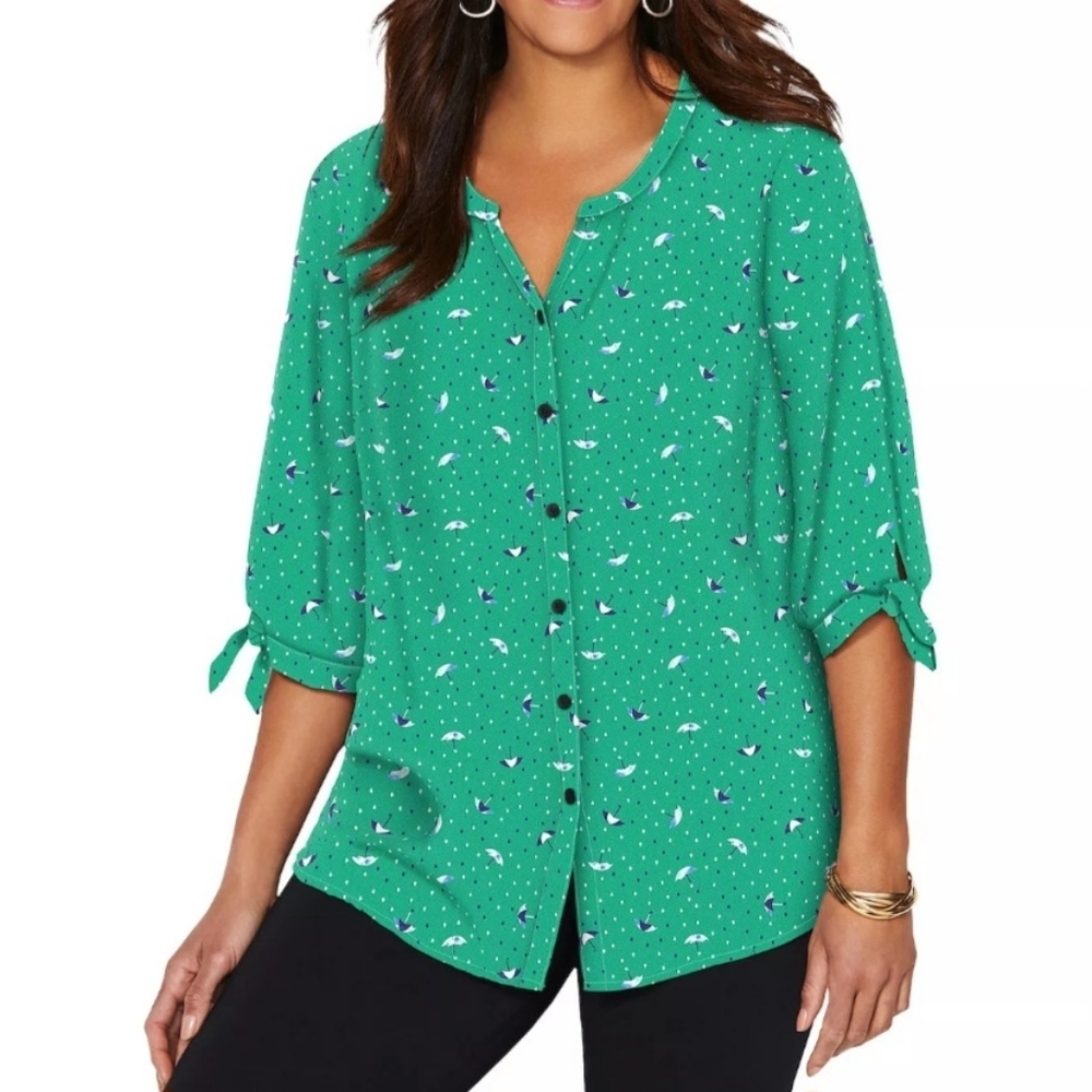 NWT 1X Catherines Georgette Button Down Tie Sleeve Blouse - Picture 1 of 6